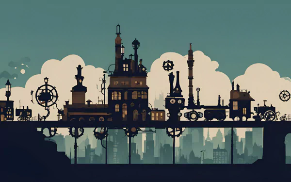 Minimalist steampunk sci-fi cityscape with intricate industrial structures and gears, rendered in 8K Ultra HD as a striking PC desktop wallpaper background.
