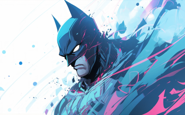 Stylized illustration of Batman in vibrant blue and pink hues as HD desktop wallpaper.