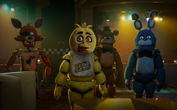 HD desktop wallpaper featuring characters from Five Nights at Freddy's game in a dimly lit room for fans of the series.
