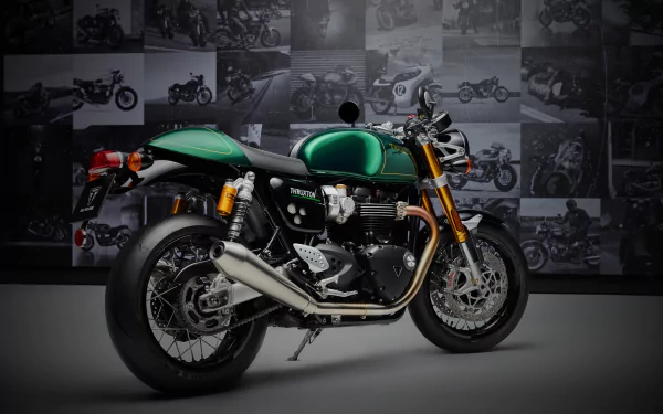 A striking Triumph Thruxton Final Edition motorcycle displayed against a collage of classic bikes, showcasing its sleek design and vibrant green color in an HD desktop wallpaper setting.