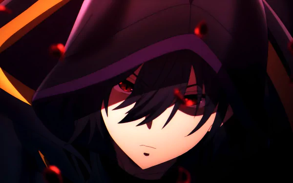 Cid Kagenou from the anime The Eminence in Shadow, depicted in a dark hooded cloak with glowing red eyes, rendered in 4K Ultra HD for a PC desktop wallpaper.
