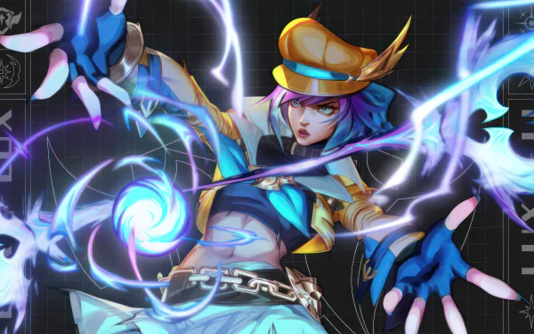 HD desktop wallpaper of Lux from League of Legends, depicted in dynamic pose with magical energy swirling around her, set against a high-tech backdrop.