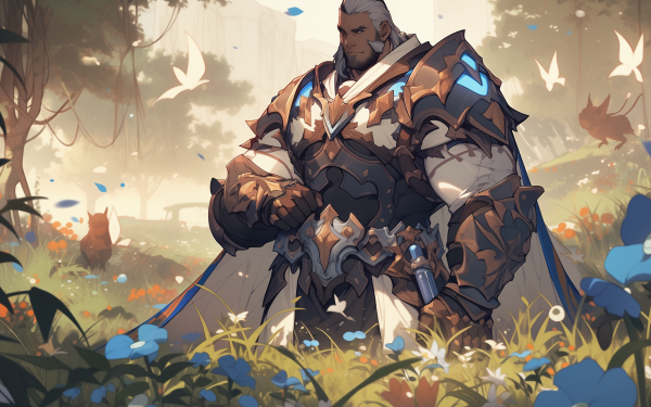HD desktop wallpaper featuring a World of Warcraft Paladin in full armor, set against a serene forest backdrop with ethereal light and floating leaves.