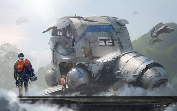 HD wallpaper depicting a person walking towards a large robotic vehicle in a misty, sci-fi setting.