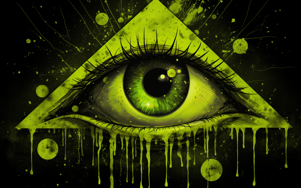 Alt-text: Abstract green eye within a dripping pyramid, artistic HD wallpaper for desktop background.