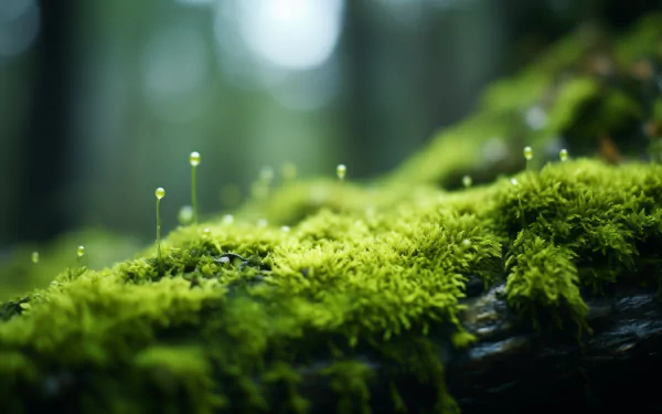 HD wallpaper of vibrant green moss on a forest floor with soft-focus background, perfect for a serene desktop background.
