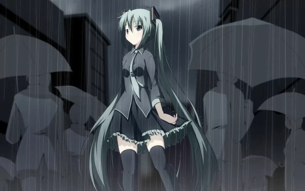 Hatsune Miku stands under heavy rain in a dark city, teal twin-tails and skirt amid umbrella silhouettes — anime Vocaloid rain scene, HD PC desktop wallpaper background.