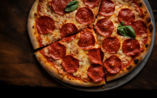 HD desktop wallpaper featuring a delicious pepperoni pizza garnished with fresh basil, perfect as a savory background for food lovers.