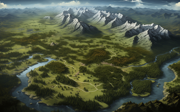 HD desktop wallpaper of RPG-style fantasy map featuring mountains, forests, and rivers, ideal for role-playing game enthusiasts.
