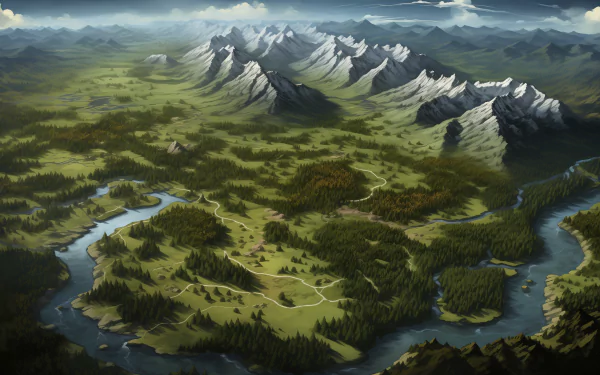 HD desktop wallpaper featuring a detailed RPG map with snowy mountains, lush forests, and winding rivers.