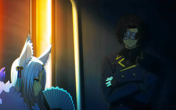 Cid Kagenou and a white-haired character from The Eminence in Shadow are depicted in this dramatic 8K Ultra HD anime desktop wallpaper.