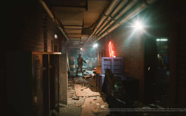A dimly lit corridor from RoboCop: Rogue City, featuring scattered debris and glowing neon lights, serves as an engaging HD desktop wallpaper background for fans of the game.