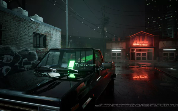 HD desktop wallpaper featuring a dark, atmospheric scene from RoboCop: Rogue City, with a police car and neon signs on a rainy street.