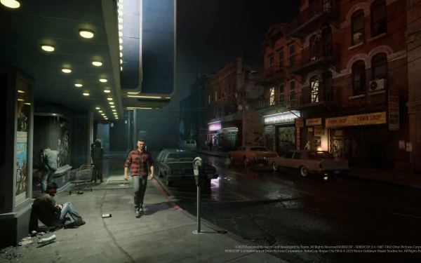 RoboCop: Rogue City HD wallpaper featuring a dimly lit urban scene with characters and neon signs for desktop background.