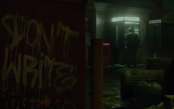 Alan Wake 2 HD Wallpaper: Mysterious Figure in a Dark Room with Graffiti.