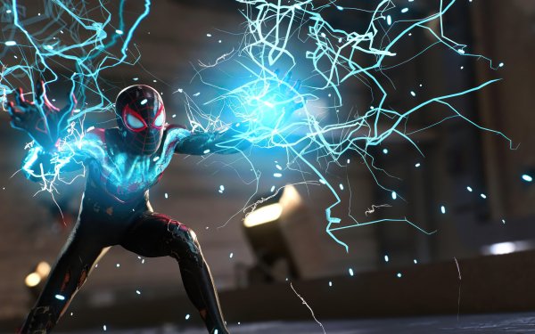 Miles Morales as Spider-Man using his electric powers in an action-packed HD desktop wallpaper from Marvel's Spider-Man 2 video game.