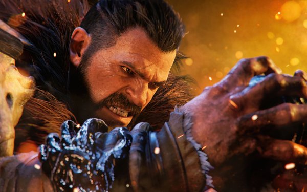 HD wallpaper of Kraven the Hunter from Marvel's Spider-Man 2 game with intense action-packed background.