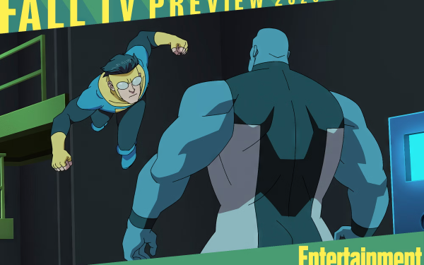 HD desktop wallpaper featuring a scene from Invincible with a superhero in blue and yellow costume flying towards a large figure, part of the Fall TV Preview 2021 by Entertainment.