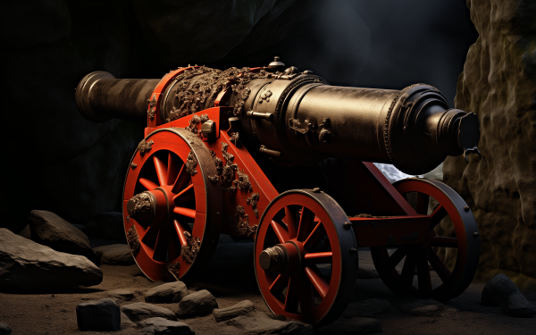 Vintage cannon with ornate detailing displayed in a cave setting, an HD desktop wallpaper and background.