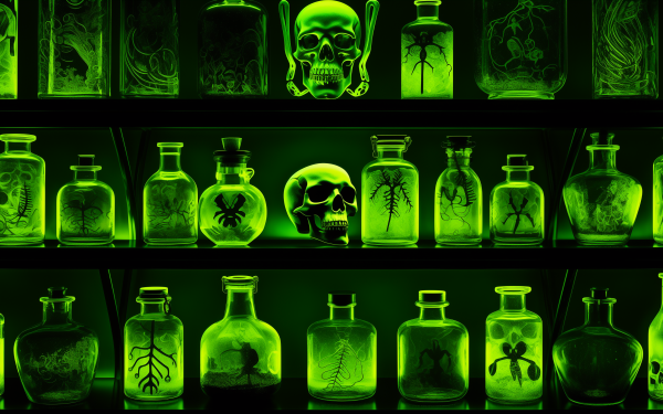 HD wallpaper featuring a collection of eerie green potions and skulls, showcasing toxic and mystical themes for a spooky desktop background.