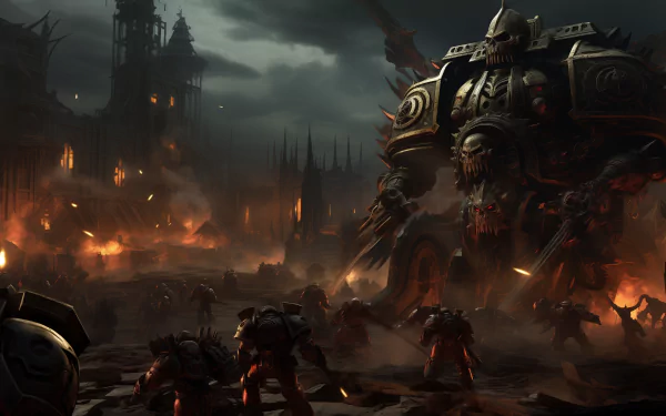 HD Warhammer 40K desktop wallpaper featuring a dramatic battle scene with space marines and war machinery amid fire and ruins.