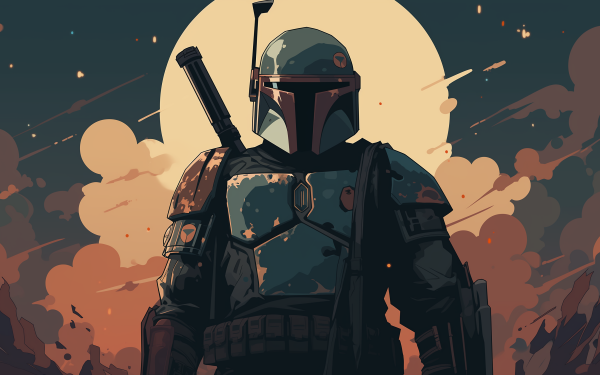 HD wallpaper featuring The Mandalorian in signature armor with atmospheric background, perfect for Star Wars fans' desktop and background imagery.