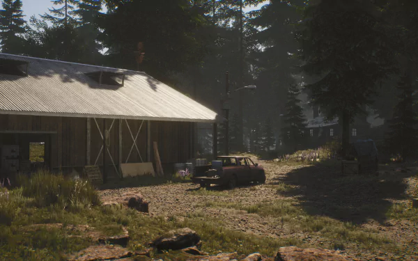 HD wallpaper featuring an old car and a barn in a forest setting from The Day Before game.