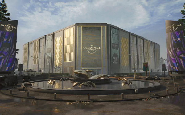 HD desktop wallpaper of 'The Day Before' featuring an imposing building with a fountain in the foreground.