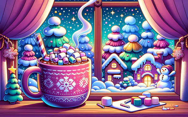 Cozy winter wallpaper featuring a steaming mug of hot cocoa with marshmallows, candy canes, and a snowy village scene visible through a window.