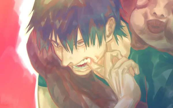 HD wallpaper of Toji Fushiguro from Jujutsu Kaisen with a dynamic red and blue background for desktop.