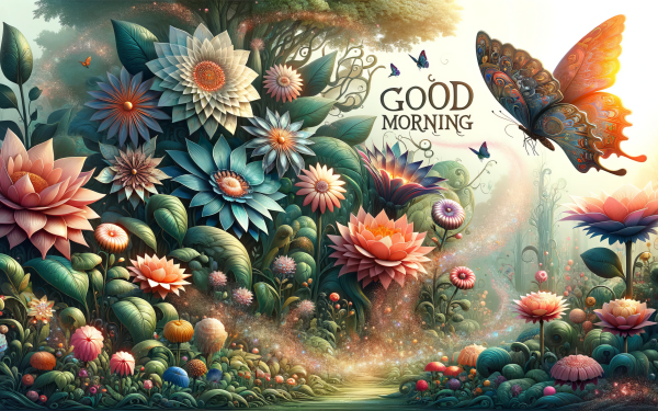 Enchanting floral HD desktop wallpaper with vibrant flowers and a butterfly featuring 'Good Morning' text for a refreshing background.
