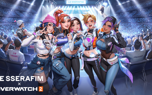 Overwatch 2 HD wallpaper featuring animated characters in front of an excited esports crowd.