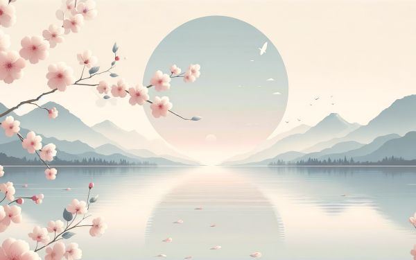 Pastel sunset over tranquil lake with cherry blossoms and mountain range for serene HD desktop wallpaper.