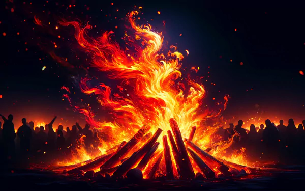 A vibrant bonfire blazes in the foreground, surrounded by silhouetted figures, creating a captivating HD desktop wallpaper that evokes warmth and camaraderie.