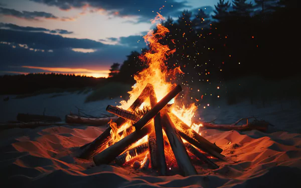 HD desktop wallpaper featuring a vivid bonfire on a beach at twilight, with sparks flying and a sunset in the background.