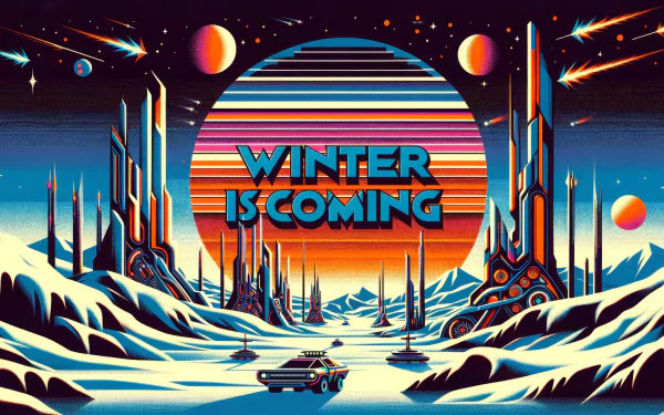 HD desktop wallpaper depicting a futuristic snowy landscape with the text Winter is Coming, featuring a car driving towards a vibrant city under a large striped sun.
