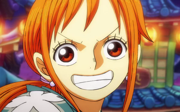 HD desktop wallpaper featuring Nami from One Piece anime series, showcasing her cheerful expression with a colorful background.