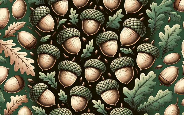 Elegant acorn and oak leaf pattern wallpaper design in a vintage style for HD desktop background.