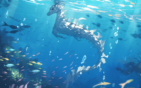 HD Wallpaper of a leafy seadragon gracefully swimming in a vibrant underwater scene.