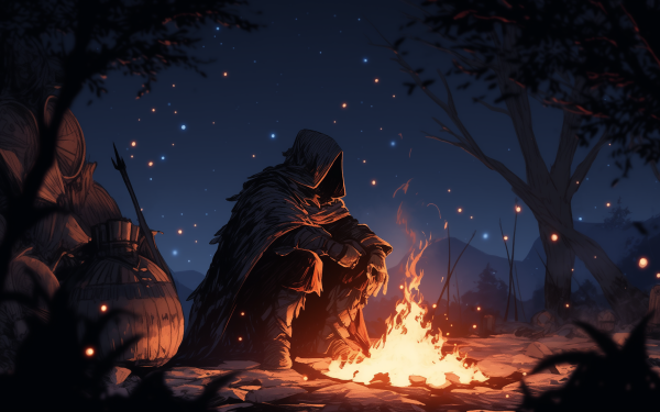 A figure in medieval attire resting by a bonfire at night under a starry sky in a Dark Souls II themed HD desktop wallpaper.