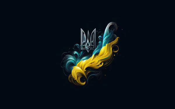 Ukraine-themed 8K Ultra HD desktop wallpaper featuring a stylized blue and yellow ribbon forming a dynamic shape beneath the Ukrainian coat of arms on a dark background.