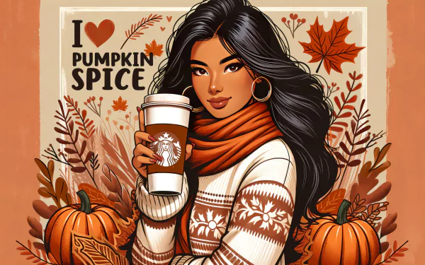 HD desktop wallpaper of a woman in a cozy sweater holding a pumpkin spice latte, surrounded by pumpkins and autumn leaves, with I love Pumpkin Spice text.