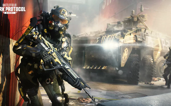 A dynamic HD desktop wallpaper from Battlefield 2042, featuring a soldier in tactical gear aiming a weapon with an armored vehicle in the background amid a smoky, urban environment.