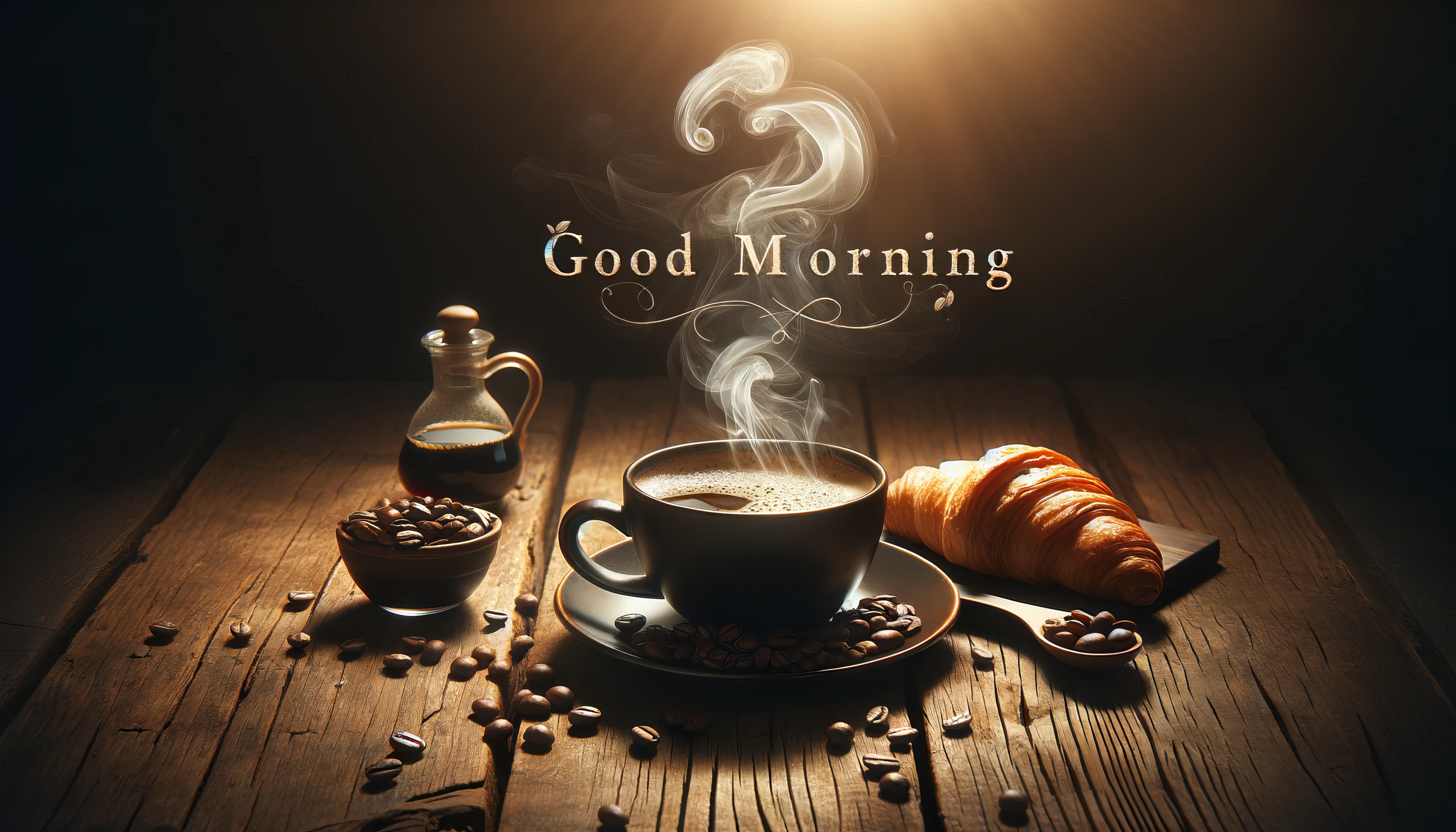 Warm and inviting good morning desktop wallpaper featuring a steaming cup of coffee, coffee beans, a croissant, and a coffee pot on a wooden surface with a soft glowing light and 'Good Morning' text.