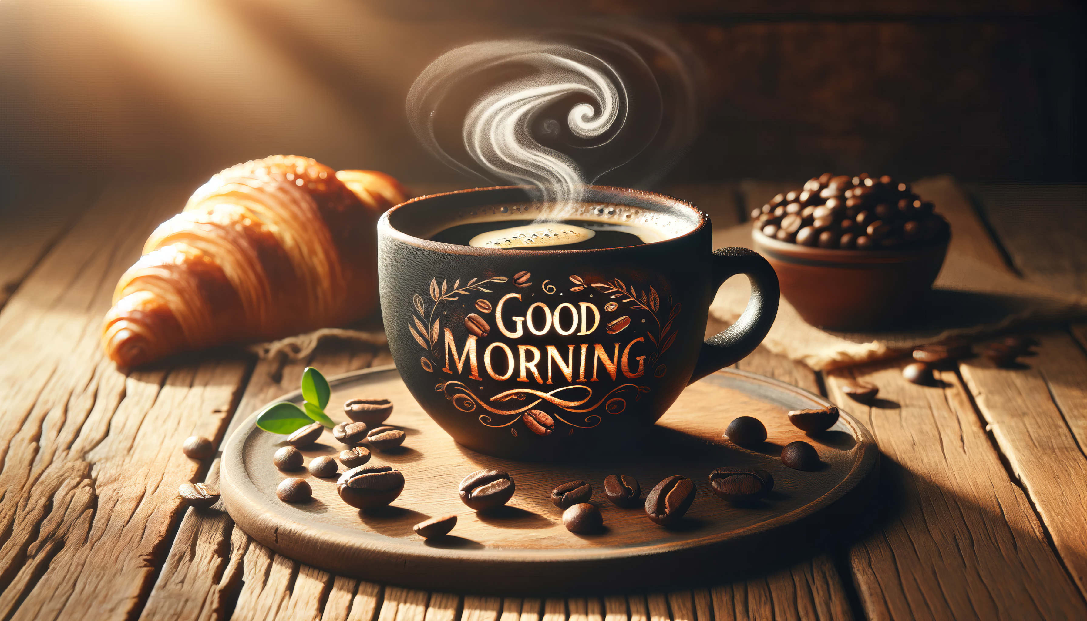 Good morning message on a coffee mug with steam, paired with a fresh croissant and coffee beans on a wooden tray, perfect for a HD desktop wallpaper themed around breakfast.