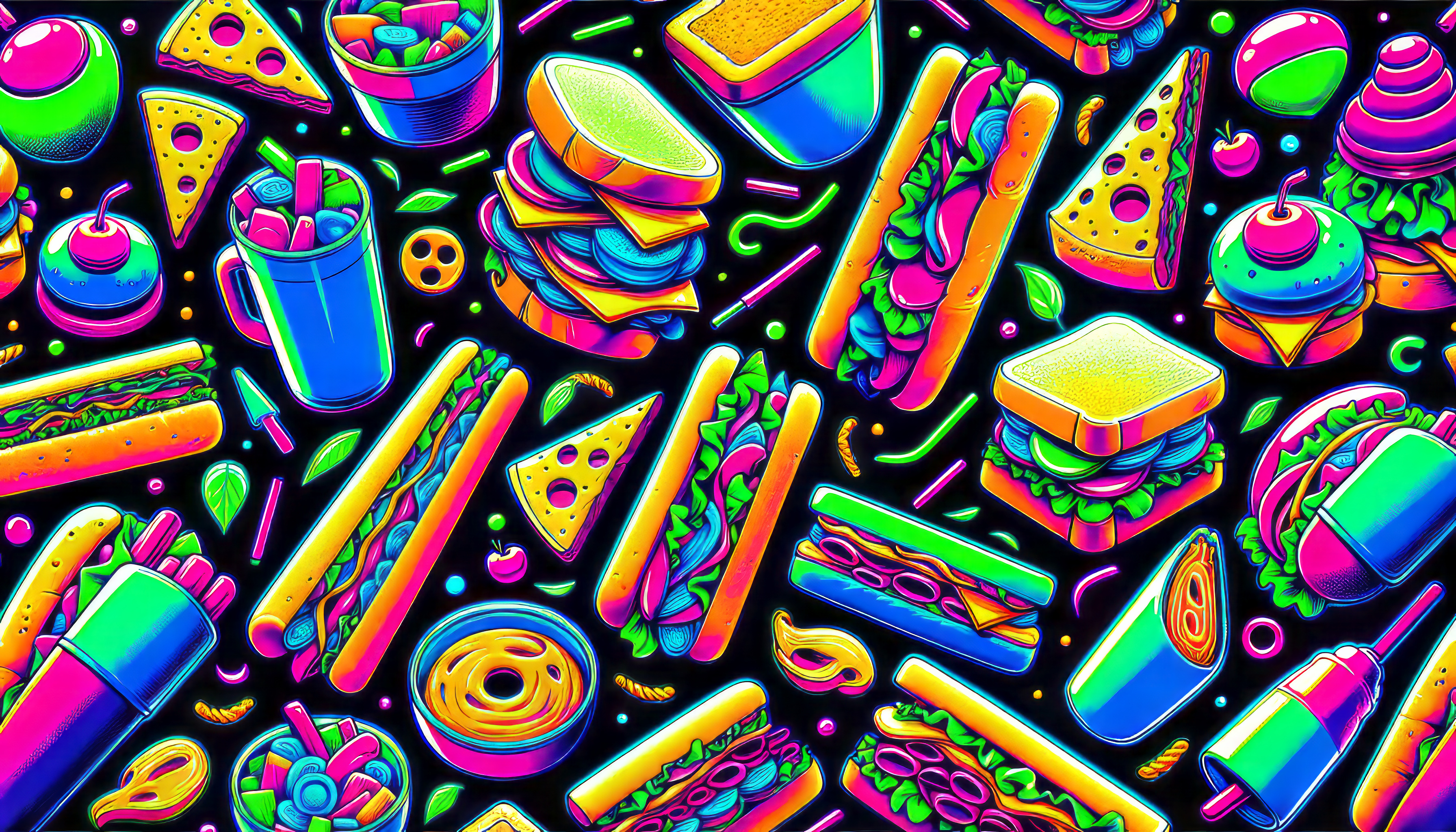 Colorful illustrated sandwich and fast food pattern HD desktop wallpaper.