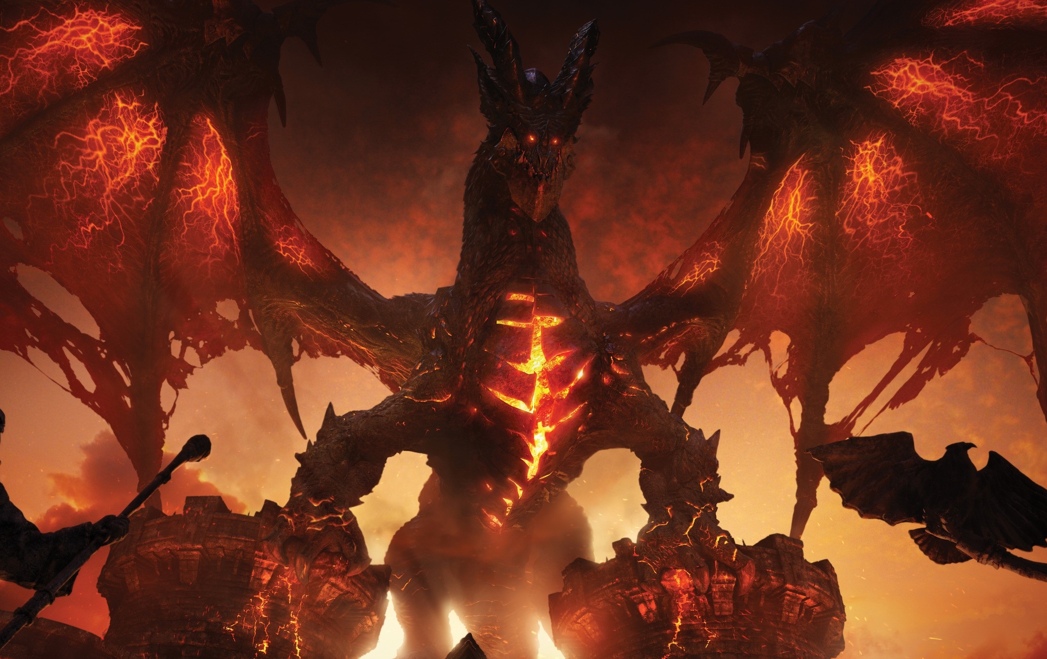 Deathwing, a fearsome dragon from the game World of Warcraft, towering over the scenic Chambers of the Eternal.
