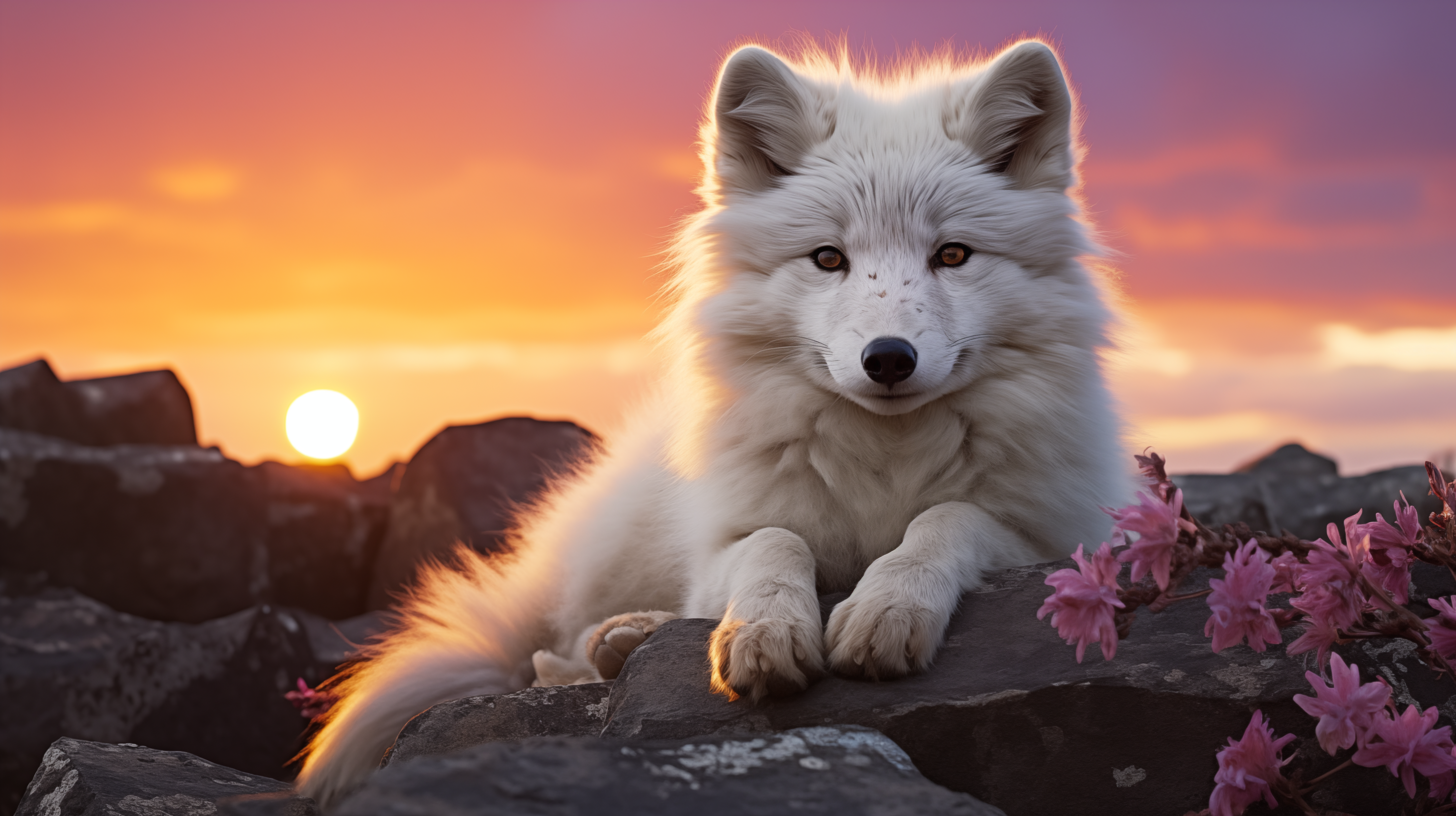 HD wallpaper of a serene Arctic Fox lying on rocky terrain with a vivid sunset in the background, perfect for desktop backgrounds.