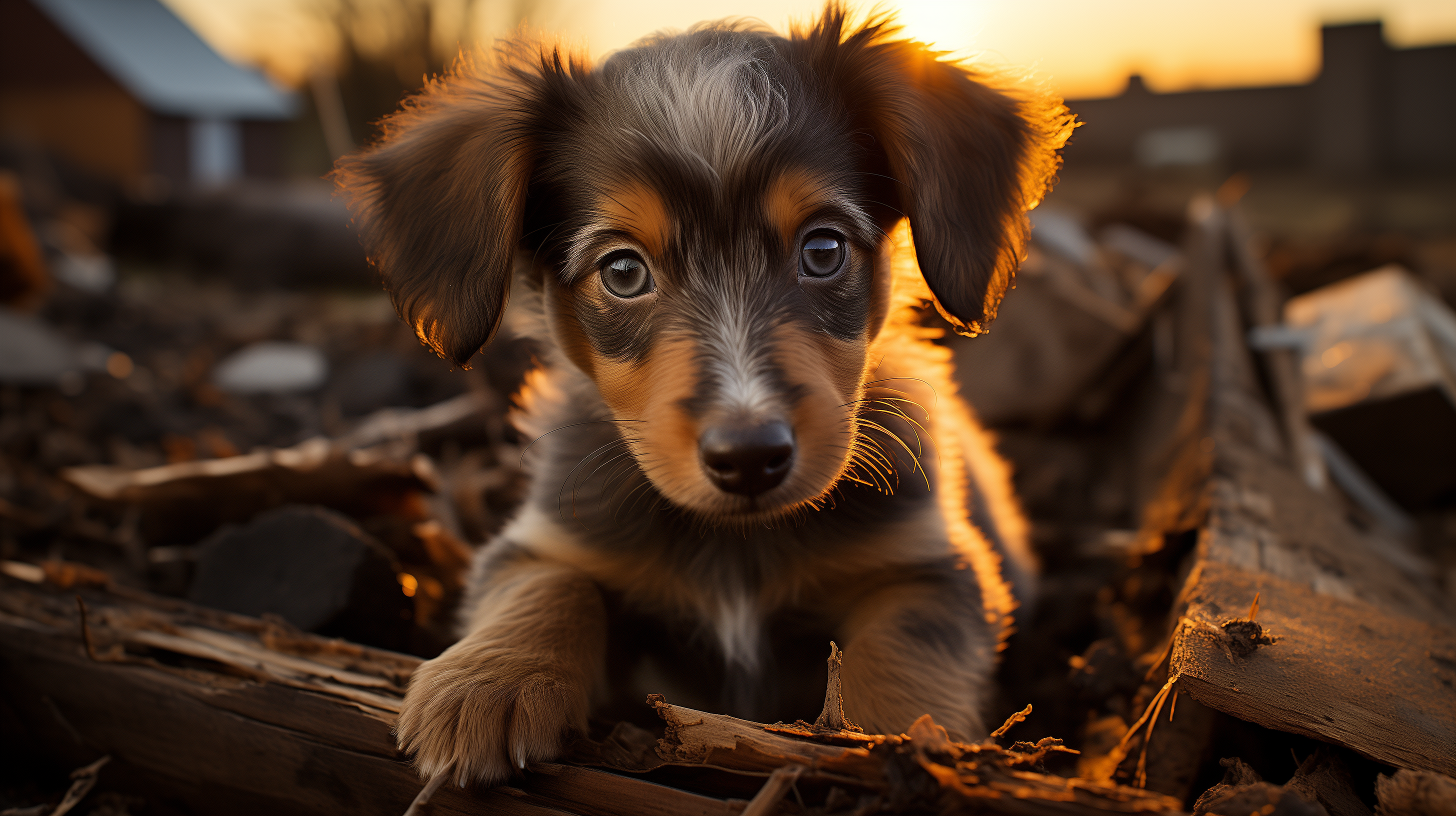 HD wallpaper of a cute Dachshund puppy with big expressive eyes lying amongst logs during golden sunset.