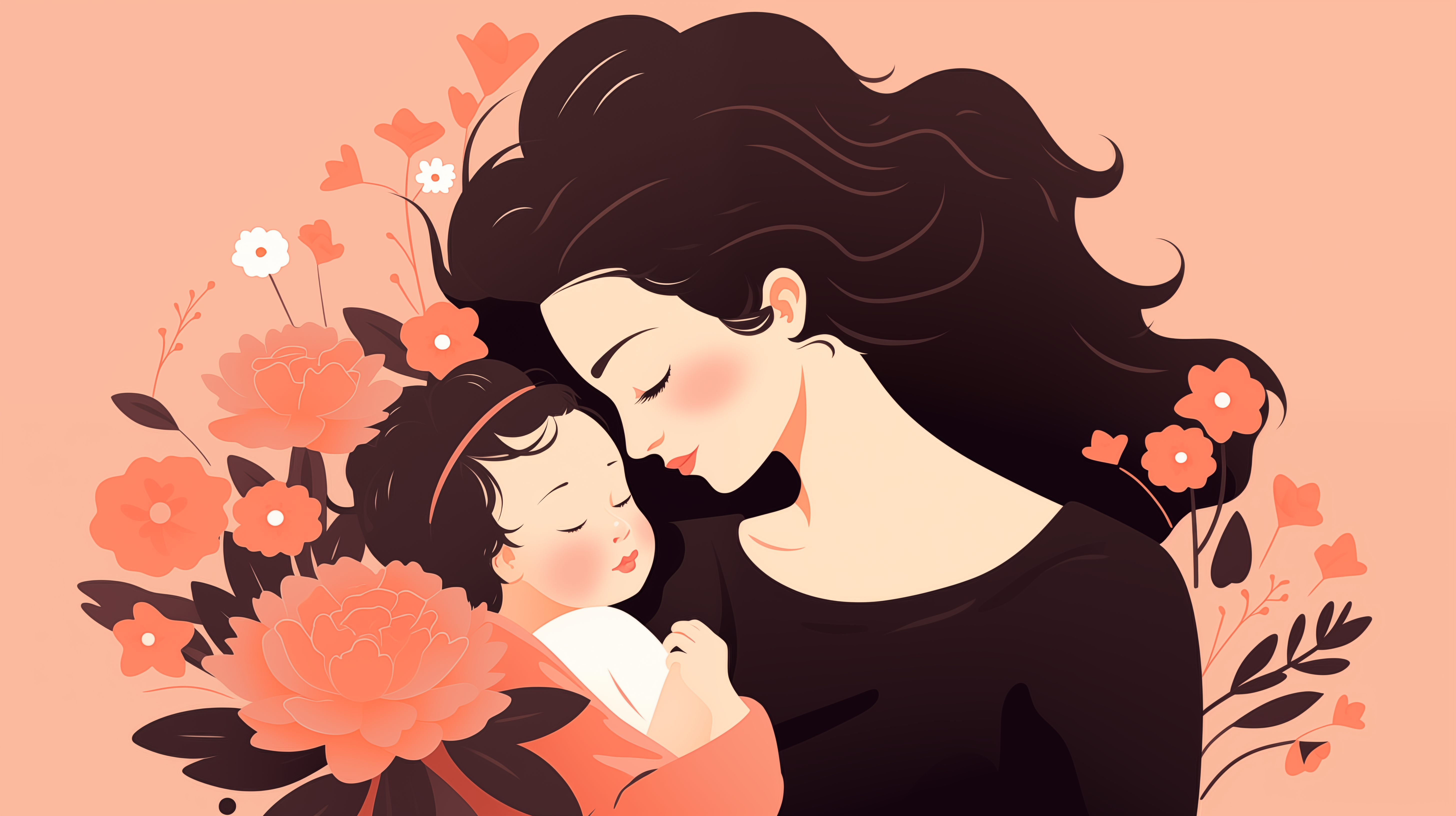 Mother lovingly embracing child surrounded by flowers, perfect for Mother's Day HD desktop wallpaper and background.